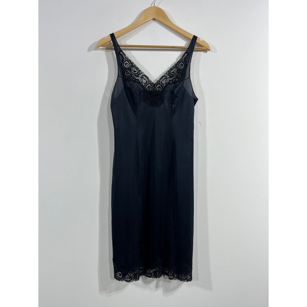 Vintage Bali Y2K Dainty Coquette Black Lace Trim Slip Dress‎ Womens Medium Boho